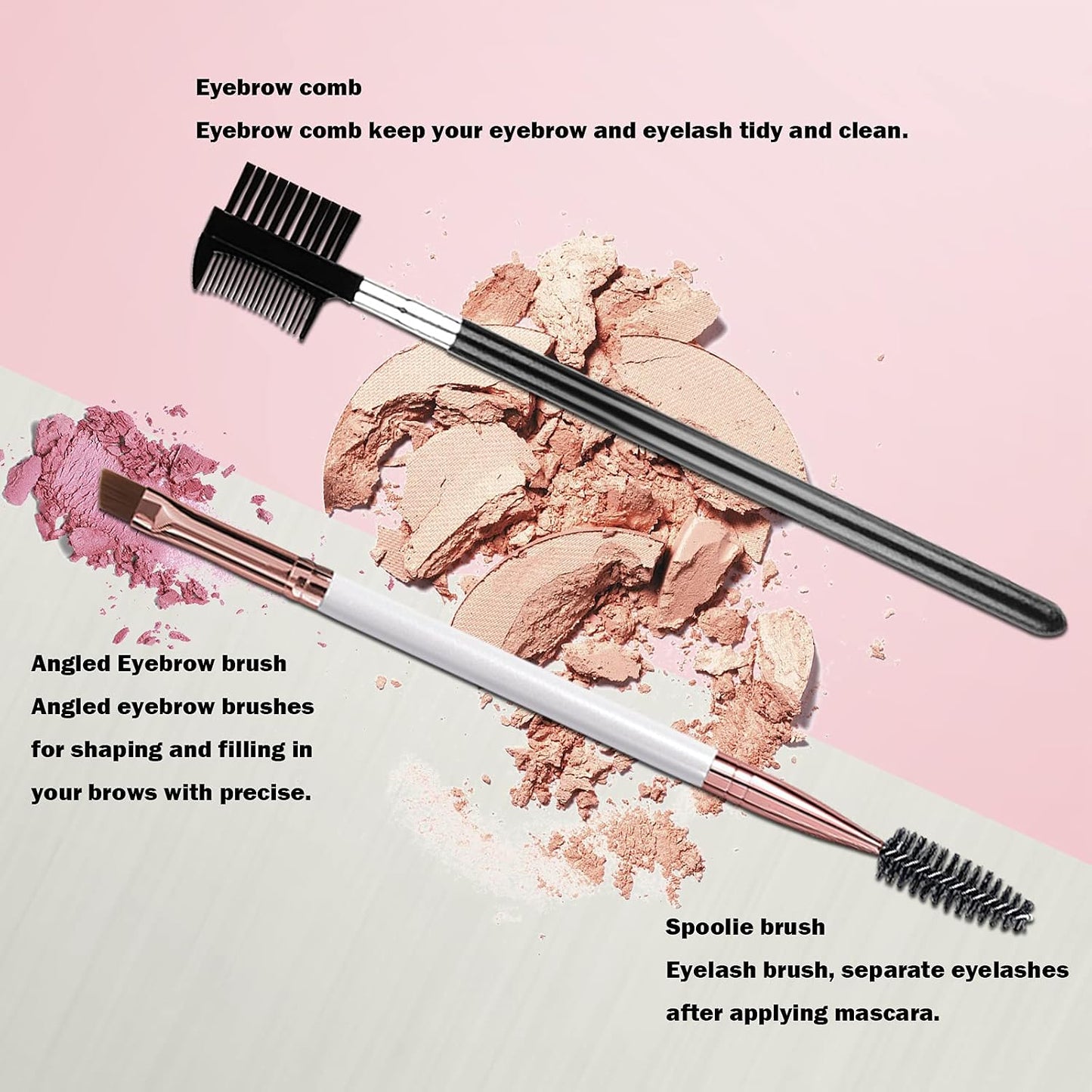 Duo Eyebrow Brush, Eyebrow Brush Eyelash Comb and Eyebrow Brush, Professional Angled Eye Brow Brush and Spoolie Brush Set. (Black+White)