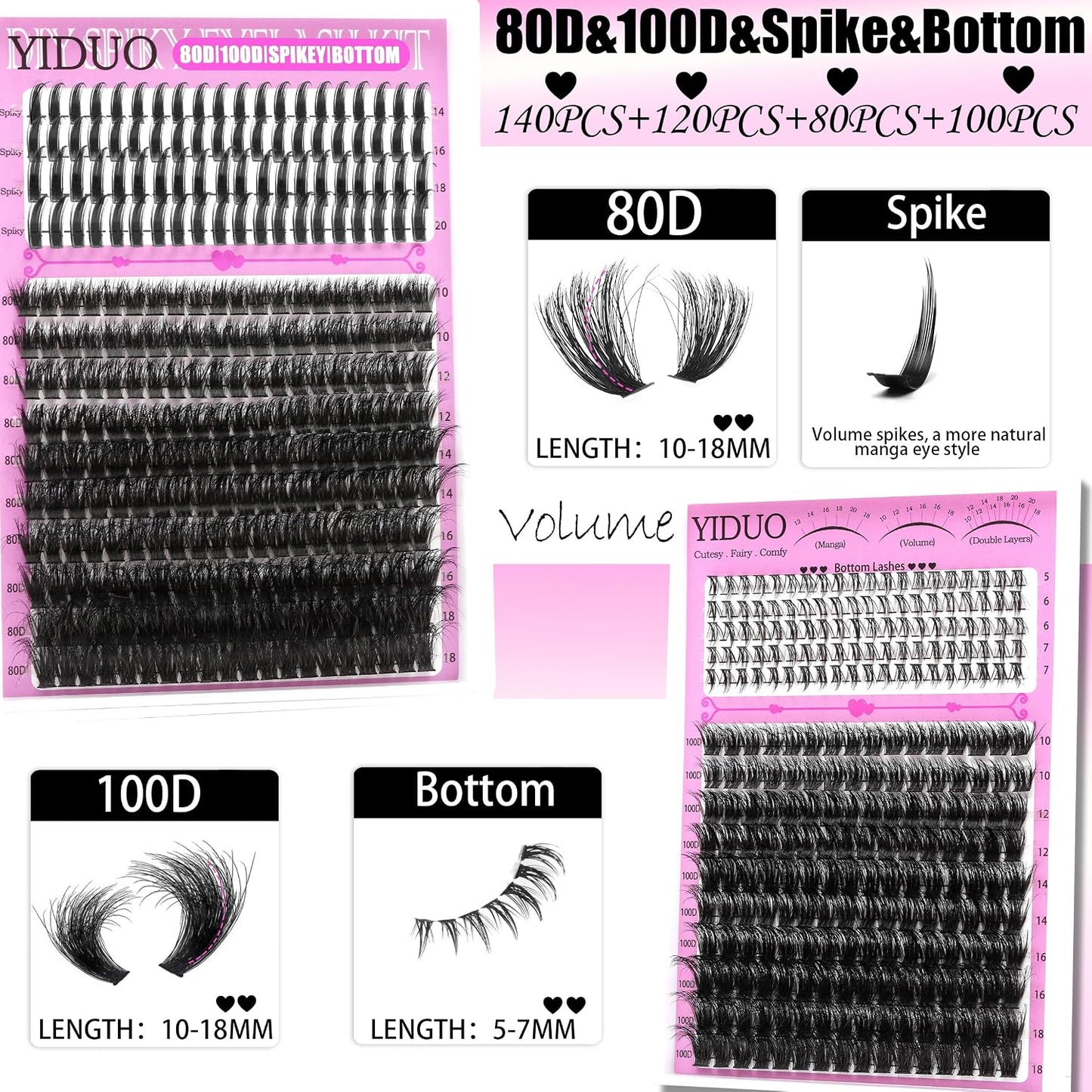 4 Styles Lash Clusters Kit 40D/60D/80D/100D+Spikes+Bottom Eyelash Clusters Extensions with 2X Bond and Seal, 1000Pcs 3D Volume Lashes Clusters 8-18Mm Wispy D Curly Clusters Lash Extensions Kit
