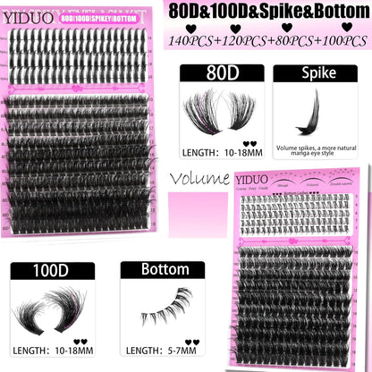 4 Styles Lash Clusters Kit 40D/60D/80D/100D+Spikes+Bottom Eyelash Clusters Extensions with 2X Bond and Seal, 1000Pcs 3D Volume Lashes Clusters 8-18Mm Wispy D Curly Clusters Lash Extensions Kit