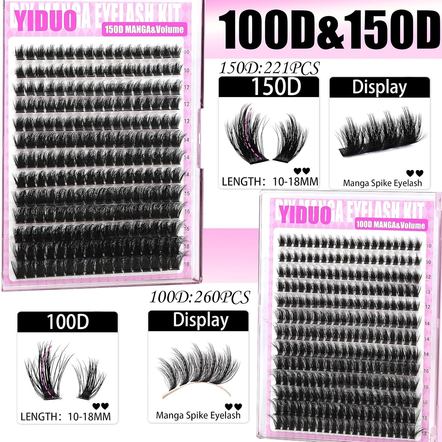 Manga Lash Clusters Kit 4 Styles Spiky Volume Clusters Lashes Extensions Kit with 2X Bond and Seal 887Pcs Wispy Eyelash Clusters Kit Thick 100D+150D+Wide Soft Thin Band Cluster Lash Kit