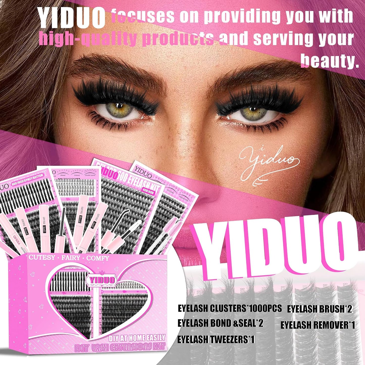 4 Styles Lash Clusters Kit 40D/60D/80D/100D+Spikes+Bottom Eyelash Clusters Extensions with 2X Bond and Seal, 1000Pcs 3D Volume Lashes Clusters 8-18Mm Wispy D Curly Clusters Lash Extensions Kit