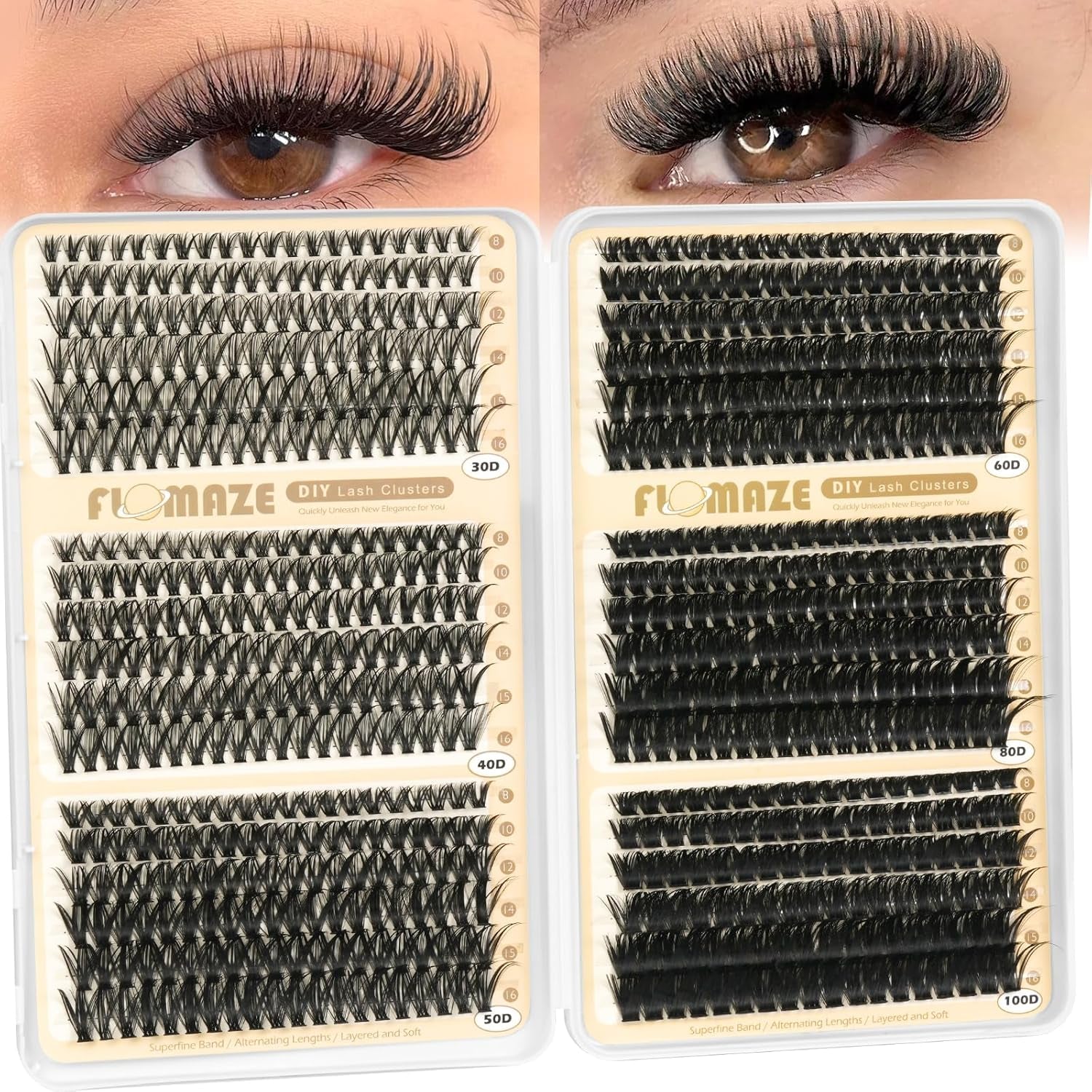 Lash Clusters 30D+40D+50D+60D+80D+100D Wispy Lash Extensions 8-16Mm 708Pcs D Curl Eyelash Cluster DIY Natural Eyelash Extensions