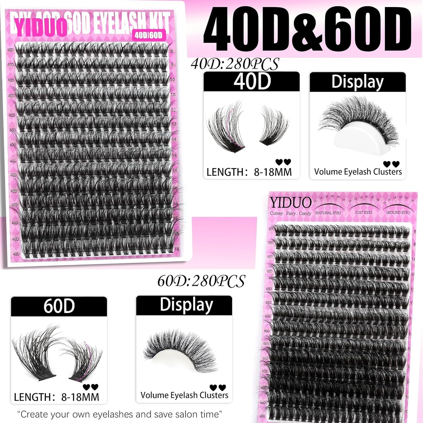 4 Styles Lash Clusters Kit 40D/60D/80D/100D+Spikes+Bottom Eyelash Clusters Extensions with 2X Bond and Seal, 1000Pcs 3D Volume Lashes Clusters 8-18Mm Wispy D Curly Clusters Lash Extensions Kit