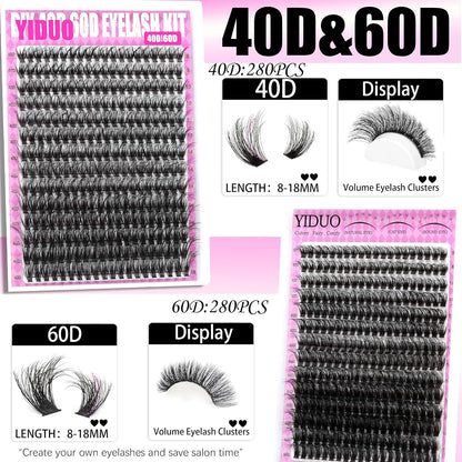 4 Styles Lash Clusters Kit 40D/60D/80D/100D+Spikes+Bottom Eyelash Clusters Extensions with 2X Bond and Seal, 1000Pcs 3D Volume Lashes Clusters 8-18Mm Wispy D Curly Clusters Lash Extensions Kit