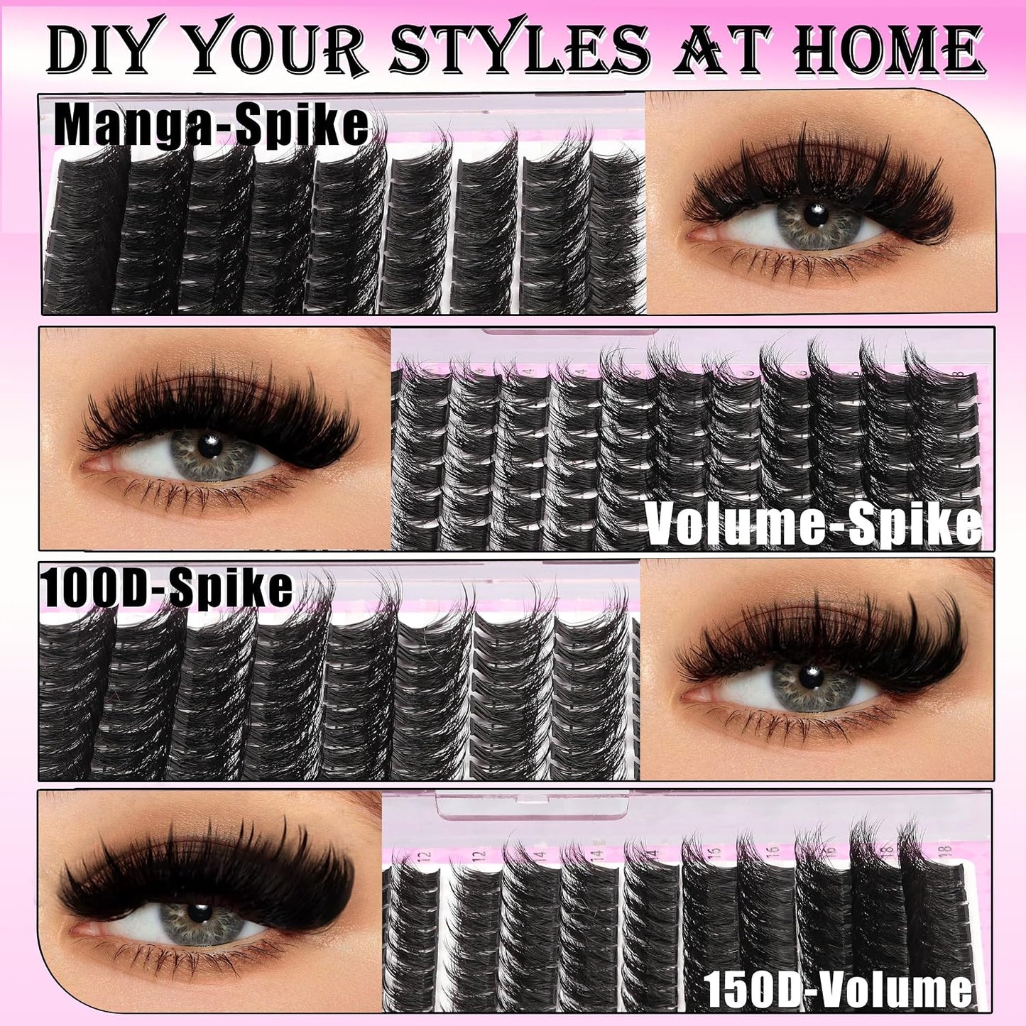 Manga Lash Clusters Kit 4 Styles Spiky Volume Clusters Lashes Extensions Kit with 2X Bond and Seal 887Pcs Wispy Eyelash Clusters Kit Thick 100D+150D+Wide Soft Thin Band Cluster Lash Kit