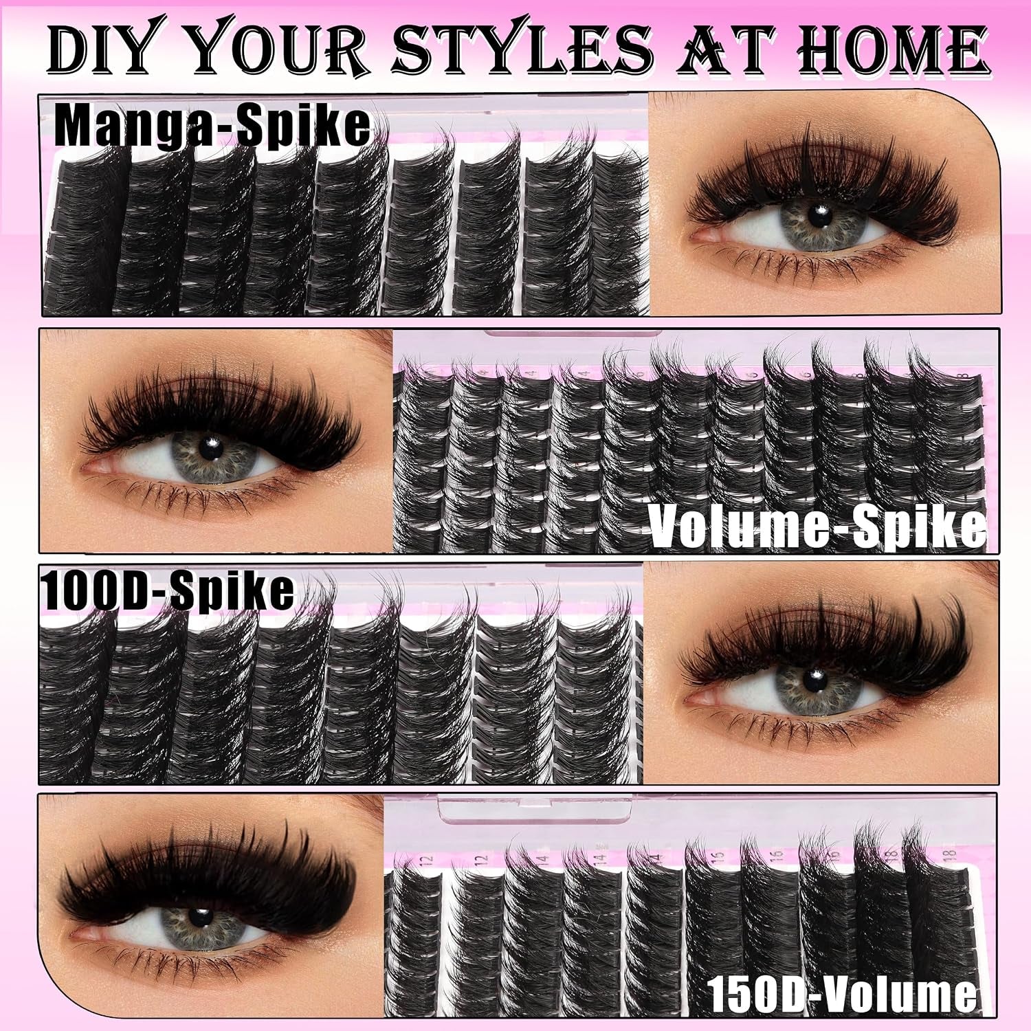 Manga Lash Clusters Kit 4 Styles Spiky Volume Clusters Lashes Extensions Kit with 2X Bond and Seal 887Pcs Wispy Eyelash Clusters Kit Thick 100D+150D+Wide Soft Thin Band Cluster Lash Kit