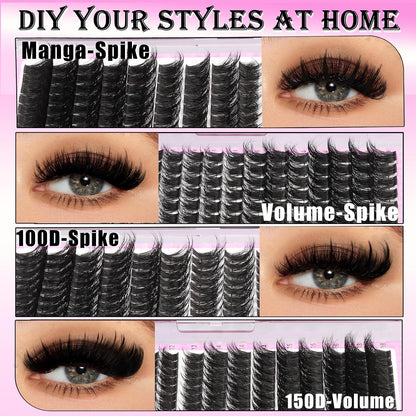 Manga Lash Clusters Kit 4 Styles Spiky Volume Clusters Lashes Extensions Kit with 2X Bond and Seal 887Pcs Wispy Eyelash Clusters Kit Thick 100D+150D+Wide Soft Thin Band Cluster Lash Kit