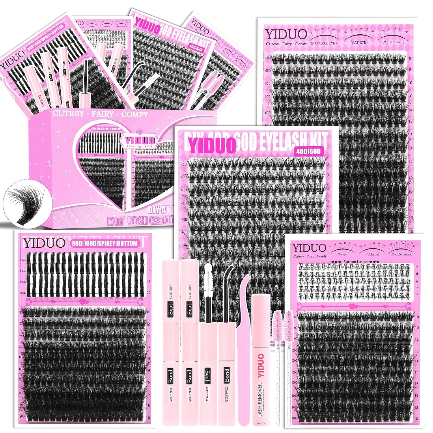 4 Styles Lash Clusters Kit 40D/60D/80D/100D+Spikes+Bottom Eyelash Clusters Extensions with 2X Bond and Seal, 1000Pcs 3D Volume Lashes Clusters 8-18Mm Wispy D Curly Clusters Lash Extensions Kit