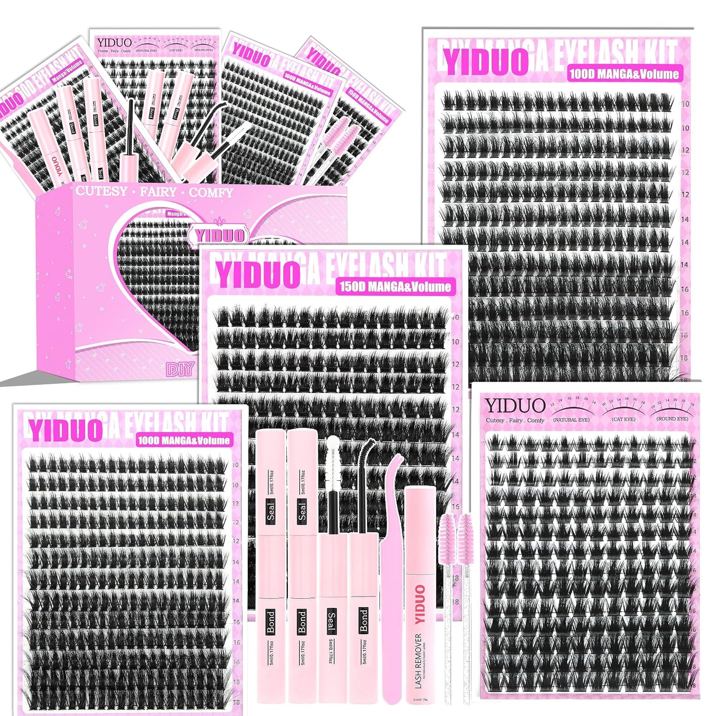 Manga Lash Clusters Kit 4 Styles Spiky Volume Clusters Lashes Extensions Kit with 2X Bond and Seal 887Pcs Wispy Eyelash Clusters Kit Thick 100D+150D+Wide Soft Thin Band Cluster Lash Kit