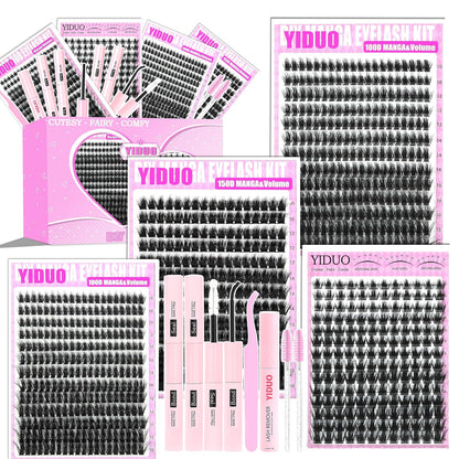 Manga Lash Clusters Kit 4 Styles Spiky Volume Clusters Lashes Extensions Kit with 2X Bond and Seal 887Pcs Wispy Eyelash Clusters Kit Thick 100D+150D+Wide Soft Thin Band Cluster Lash Kit
