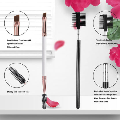 Duo Eyebrow Brush, Eyebrow Brush Eyelash Comb and Eyebrow Brush, Professional Angled Eye Brow Brush and Spoolie Brush Set. (Black+White)