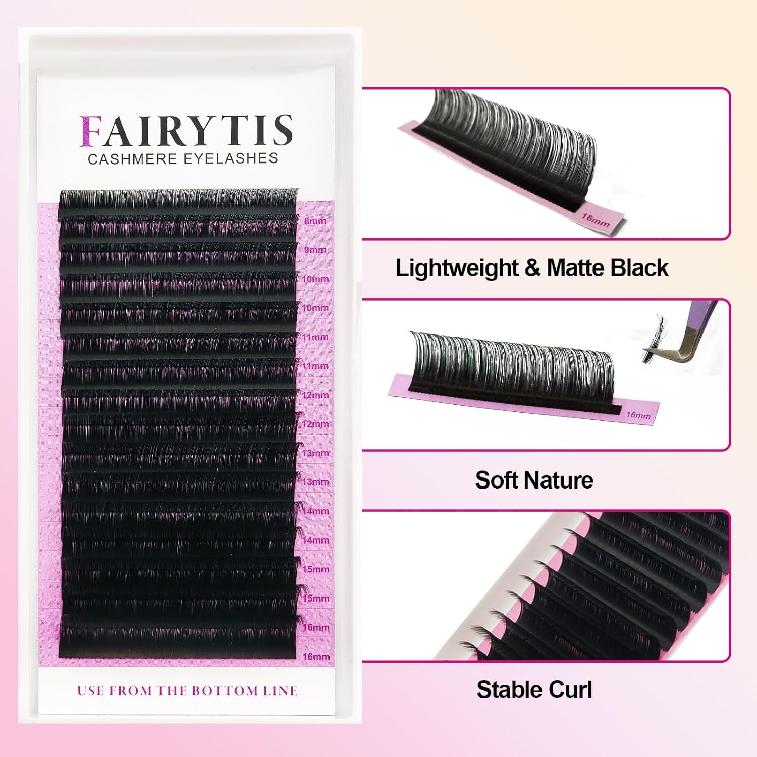 Cashmere Lash Extensions C CC D Curl 8-25Mm Mixed & Single Length Tray,Lash Extension Trays for Cashmere Fibers,Matte Black，Professional Lash Salon Use