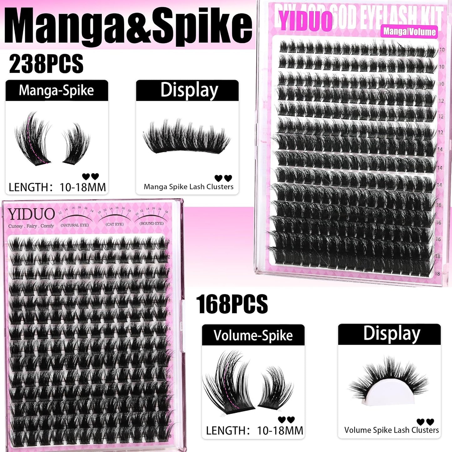 Manga Lash Clusters Kit 4 Styles Spiky Volume Clusters Lashes Extensions Kit with 2X Bond and Seal 887Pcs Wispy Eyelash Clusters Kit Thick 100D+150D+Wide Soft Thin Band Cluster Lash Kit