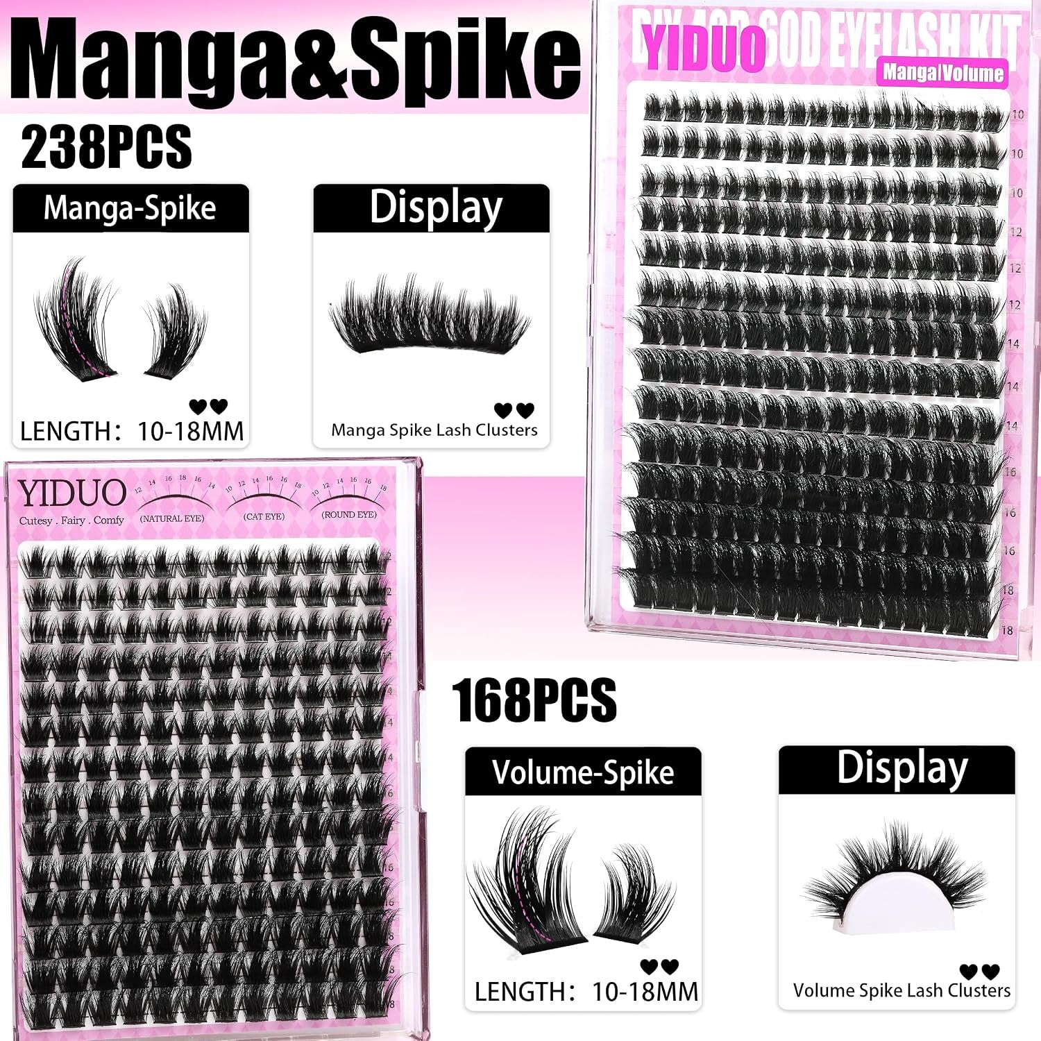 Manga Lash Clusters Kit 4 Styles Spiky Volume Clusters Lashes Extensions Kit with 2X Bond and Seal 887Pcs Wispy Eyelash Clusters Kit Thick 100D+150D+Wide Soft Thin Band Cluster Lash Kit