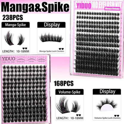 Manga Lash Clusters Kit 4 Styles Spiky Volume Clusters Lashes Extensions Kit with 2X Bond and Seal 887Pcs Wispy Eyelash Clusters Kit Thick 100D+150D+Wide Soft Thin Band Cluster Lash Kit