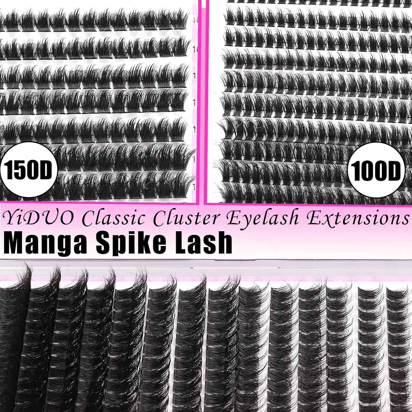 Manga Lash Clusters Kit 4 Styles Spiky Volume Clusters Lashes Extensions Kit with 2X Bond and Seal 887Pcs Wispy Eyelash Clusters Kit Thick 100D+150D+Wide Soft Thin Band Cluster Lash Kit