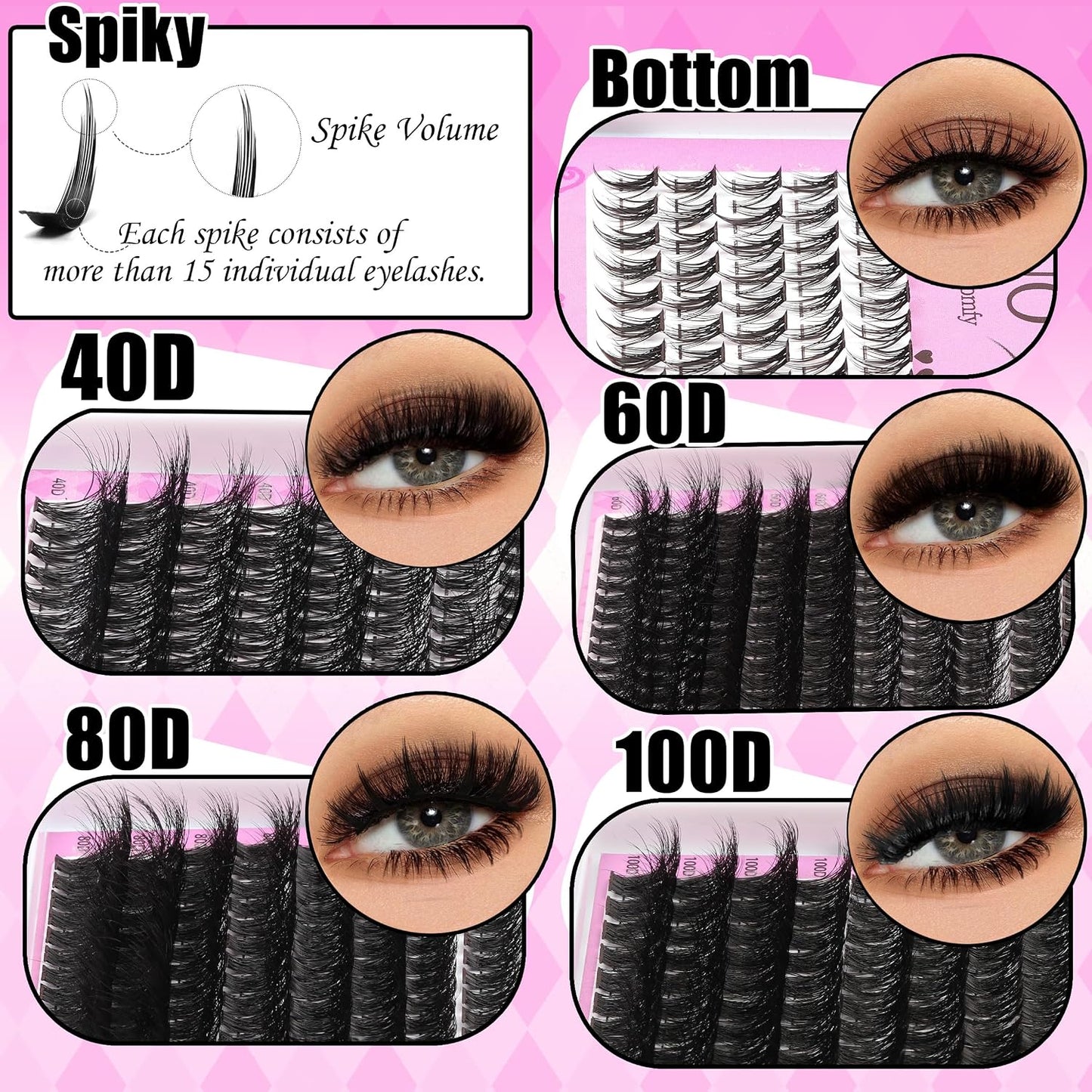 4 Styles Lash Clusters Kit 40D/60D/80D/100D+Spikes+Bottom Eyelash Clusters Extensions with 2X Bond and Seal, 1000Pcs 3D Volume Lashes Clusters 8-18Mm Wispy D Curly Clusters Lash Extensions Kit