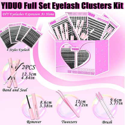 Manga Lash Clusters Kit 4 Styles Spiky Volume Clusters Lashes Extensions Kit with 2X Bond and Seal 887Pcs Wispy Eyelash Clusters Kit Thick 100D+150D+Wide Soft Thin Band Cluster Lash Kit