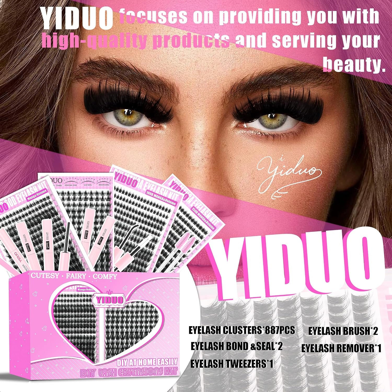 Manga Lash Clusters Kit 4 Styles Spiky Volume Clusters Lashes Extensions Kit with 2X Bond and Seal 887Pcs Wispy Eyelash Clusters Kit Thick 100D+150D+Wide Soft Thin Band Cluster Lash Kit